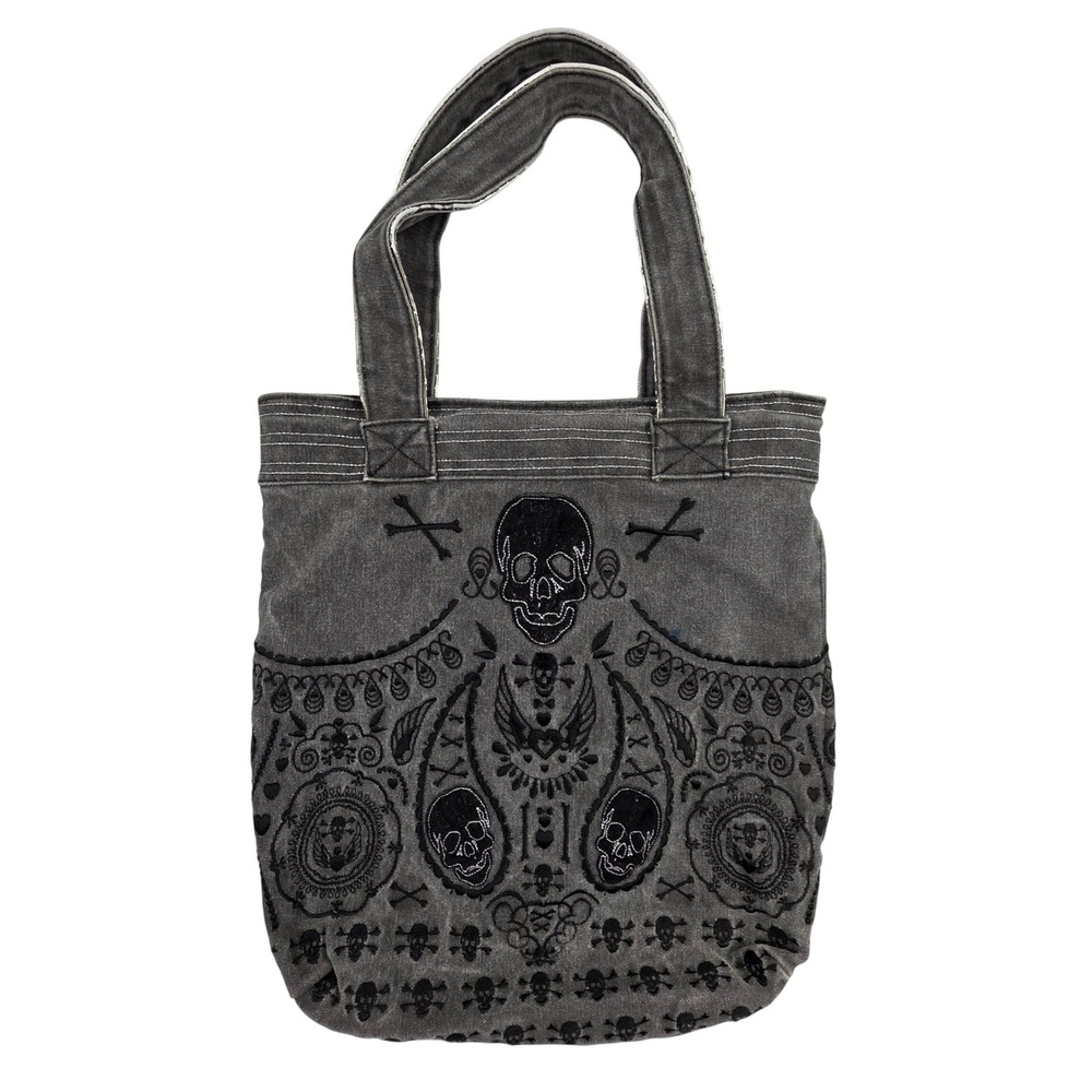 Loungefly Skull Paisley Canvas Tote Bag Faded Black Gothic Embroidered Handbag